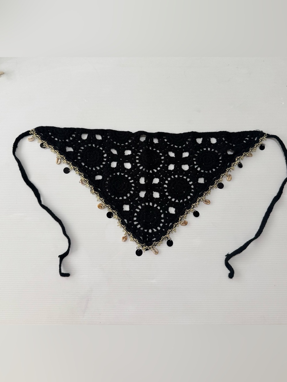 Boho Black Crochet Triangle Head Scarf Shell Charm Trim Beach Festival Bandana - Picture 5 of 9